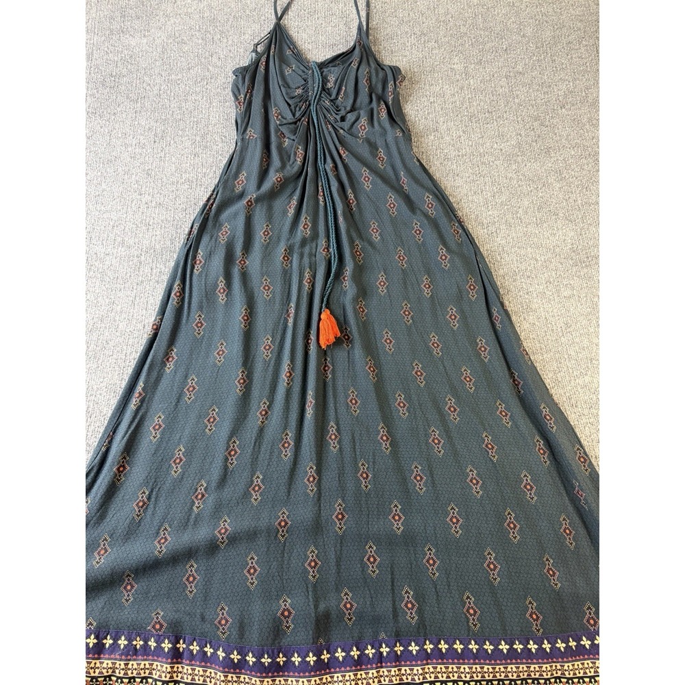 Indya XL Maxi Dress Blue Boho Printed Tassel Adjustable Strappy Cotton Dress